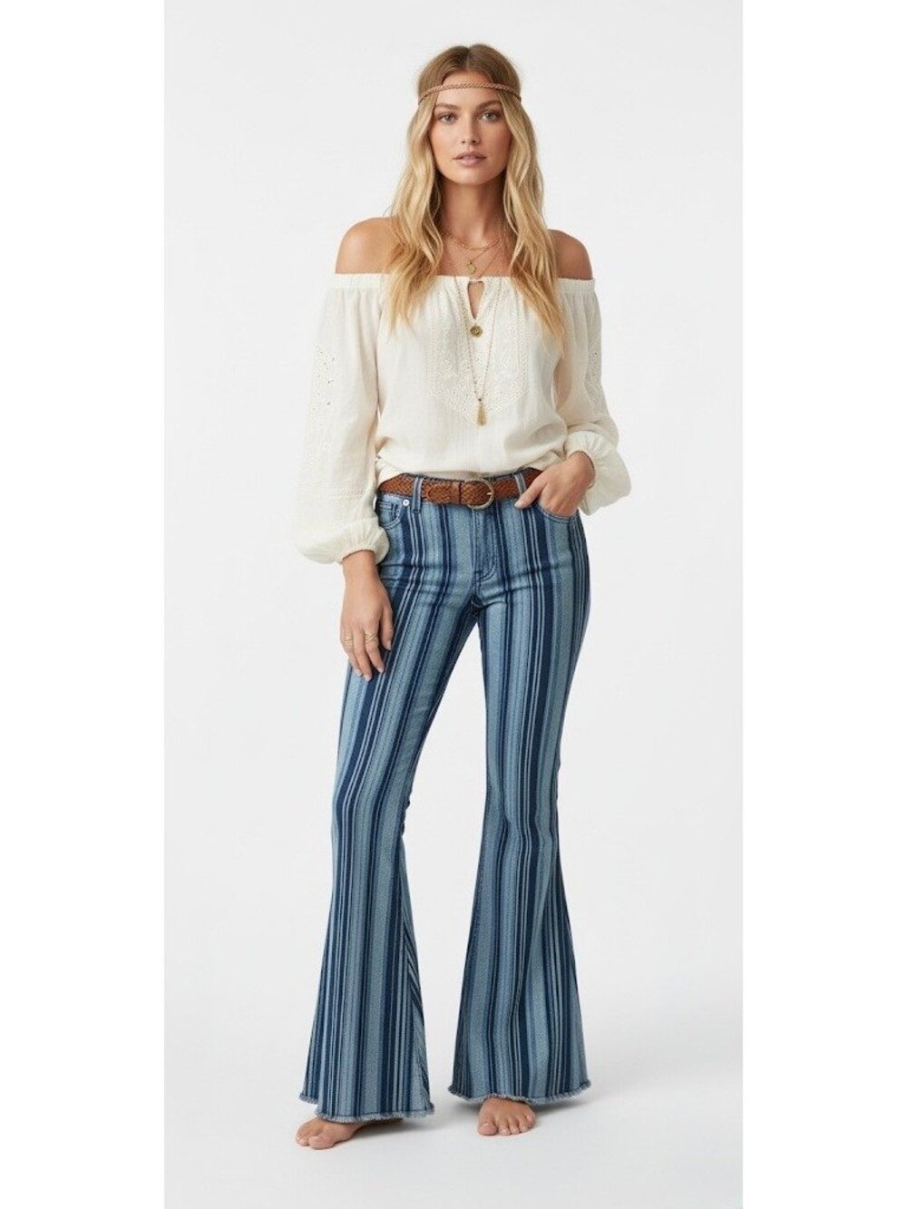 RARE NWT Free People Blue Stripe Super Flare Bell Bottom Jeans | Costal Cowgirl - Picture 2 of 16